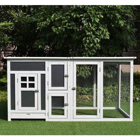 PawHut Poulailler Multi-équipements Niche Toit Ouvrant Perchoir Pondoir Enclos Tiroir à Déjection 160L X 75l X 80H Cm Bois Massif Pin Gris Blanc 5 PawHut Poulailler Multi-équipements Niche Toit Ouvrant Perchoir Pondoir Enclos Tiroir à Déjection 160L X 75l X 80H Cm Bois Massif Pin Gris Blanc – Image 5