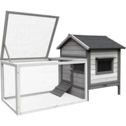 Clapier à Lapin Gris Clair 146x75x83cm Bois Cage Pour Rongeurs & Enclos Bac Amovible Nettoyage