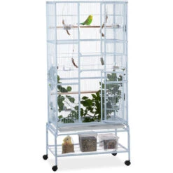 Relaxdays Cage à Oiseaux Avec étagère, Volière à Roulettes, Pinsons, Canaris, 2 Perchoirs, HLP 180x80x50cm, Gris Clair
