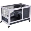 PawHut Clapier à Lapin Sur Roulettes Cage à Lapin 2 étages Porte Verrouillable Toit Ouvrant Plateau Coulissant Rampe Bois De Sapin Gris Blanc