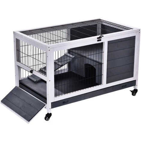 PawHut Clapier à Lapin Sur Roulettes Cage à Lapin 2 étages Porte Verrouillable Toit Ouvrant Plateau Coulissant Rampe Bois De Sapin Gris Blanc 2 PawHut Clapier à Lapin Sur Roulettes Cage à Lapin 2 étages Porte Verrouillable Toit Ouvrant Plateau Coulissant Rampe Bois De Sapin Gris Blanc – Image 2