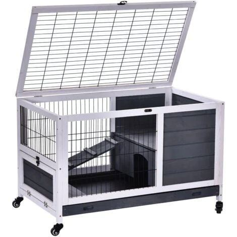 PawHut Clapier à Lapin Sur Roulettes Cage à Lapin 2 étages Porte Verrouillable Toit Ouvrant Plateau Coulissant Rampe Bois De Sapin Gris Blanc 3 PawHut Clapier à Lapin Sur Roulettes Cage à Lapin 2 étages Porte Verrouillable Toit Ouvrant Plateau Coulissant Rampe Bois De Sapin Gris Blanc – Image 3