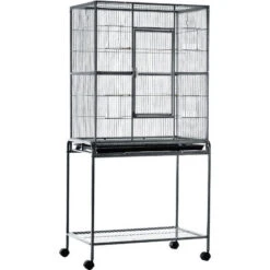 PawHut Cage à Oiseaux Portable Avec 4 Mangeoires Et 4 Perchoirs Pratique 81 X 48 X 163 Cm Noir Et Gris