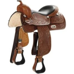 16, Marron05: Selle Western Natowa Siège Rembourré En Cuir Avec Décoration De Basketball Et Gravures Florales