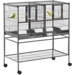 PawHut Cage à Oiseaux Avec Séparation Mangeoire Et Perchoir 95L X 45l X 102H Cm Noir Et Gris