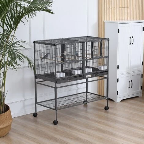 PawHut Cage à Oiseaux Avec Séparation Mangeoire Et Perchoir 95L X 45l X 102H Cm Noir Et Gris 2 PawHut Cage à Oiseaux Avec Séparation Mangeoire Et Perchoir 95L X 45l X 102H Cm Noir Et Gris – Image 2