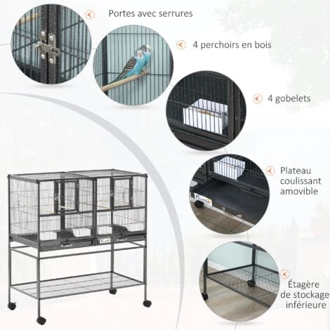 PawHut Cage à Oiseaux Avec Séparation Mangeoire Et Perchoir 95L X 45l X 102H Cm Noir Et Gris 4 PawHut Cage à Oiseaux Avec Séparation Mangeoire Et Perchoir 95L X 45l X 102H Cm Noir Et Gris – Image 4