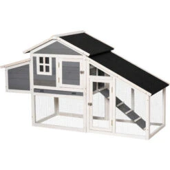 PawHut Poulailler Cottage Cage à Poules Surélevé Dim. 176L X 65l X 100H Cm Multi-équipement Toit Bitumé Noir Bois Sapin Gris Blanc
