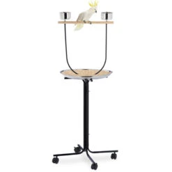 Relaxdays Perchoir Perroquet, XL, Barre, 2 Mangeoires, Bac Récupérateur, à Roulettes, Métal, Accessoire Oiseaux, Noir