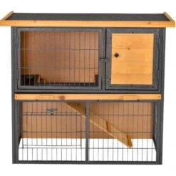 PawHut Clapier à Lapin Cage à Lapin 2 Niveaux 3 Portes Verrouillables Rampe Toit Ouvrant Bitûmé Métal époxy Pin Pré-huilé -Trixie || Flamingo Soldes Magasin 32477756 4