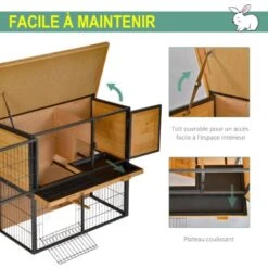 PawHut Clapier à Lapin Cage à Lapin 2 Niveaux 3 Portes Verrouillables Rampe Toit Ouvrant Bitûmé Métal époxy Pin Pré-huilé -Trixie || Flamingo Soldes Magasin 32477756 5