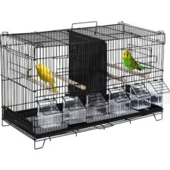 PawHut Cage à Oiseaux Dim. 59,5L X 29,8I X 35,3H Cm Mangeoires Perchoirs 4 Portes Plateau Excrément Amovible + Poignée Transport Métal PP Noir