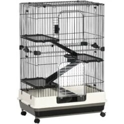PawHut Cage Pour Cochons D'Inde Chinchilla Rongeur Sur Roulettes - 3 étages, Rampes, 2 Portes + Trappe, Plateau Excrément Amovible - Métal PP Noir Gris