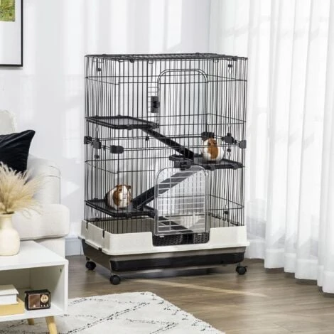 PawHut Cage Pour Cochons D'Inde Chinchilla Rongeur Sur Roulettes - 3 étages, Rampes, 2 Portes + Trappe, Plateau Excrément Amovible - Métal PP Noir Gris 2 PawHut Cage Pour Cochons D'Inde Chinchilla Rongeur Sur Roulettes - 3 étages, Rampes, 2 Portes + Trappe, Plateau Excrément Amovible - Métal PP Noir Gris – Image 2