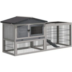PawHut Clapier Cage à Lapins Cottage - Niche Supérieure Avec Rampe Et Enclos Extérieur - Plateau Excrément, Toit Ouvrant, 2 Portes Verrouillables - Bois Sapin Blanc Gris