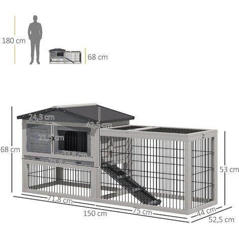 PawHut Clapier Cage à Lapins Cottage - Niche Supérieure Avec Rampe Et Enclos Extérieur - Plateau Excrément, Toit Ouvrant, 2 Portes Verrouillables - Bois Sapin Blanc Gris 3 PawHut Clapier Cage à Lapins Cottage - Niche Supérieure Avec Rampe Et Enclos Extérieur - Plateau Excrément, Toit Ouvrant, 2 Portes Verrouillables - Bois Sapin Blanc Gris – Image 3