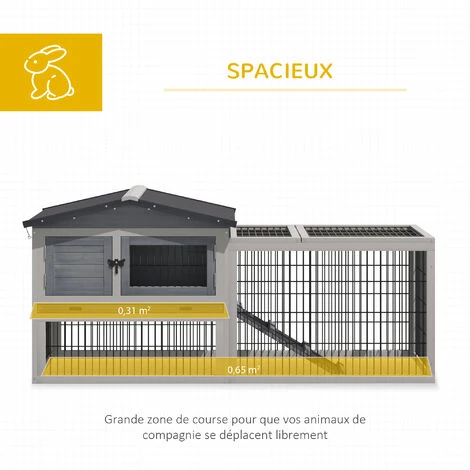 PawHut Clapier Cage à Lapins Cottage - Niche Supérieure Avec Rampe Et Enclos Extérieur - Plateau Excrément, Toit Ouvrant, 2 Portes Verrouillables - Bois Sapin Blanc Gris 4 PawHut Clapier Cage à Lapins Cottage - Niche Supérieure Avec Rampe Et Enclos Extérieur - Plateau Excrément, Toit Ouvrant, 2 Portes Verrouillables - Bois Sapin Blanc Gris – Image 4
