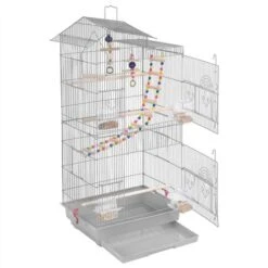 Yaheetech Cage Oiseaux Intérieur 46 X 35,5 X 99 Cm Avec Poignée Avec 3 Jouets 4 Mangeoires 3 Perchoirs 1 Swing Gris Clair