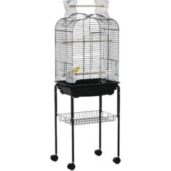 PawHut Cage à Oiseaux Volière Amovible Sur Roulettes - Toit Ouvrant, Tiroir Déjection, 2 Perchoirs, 2 Trappes, Porte, 2 Mangeoires, 2 Poignées - étagère - Acier PP Noir