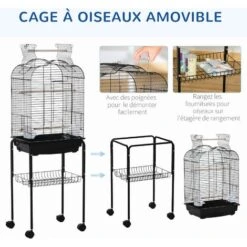 PawHut Cage à Oiseaux Volière Amovible Sur Roulettes - Toit Ouvrant, Tiroir Déjection, 2 Perchoirs, 2 Trappes, Porte, 2 Mangeoires, 2 Poignées - étagère - Acier PP Noir -Trixie || Flamingo Soldes Magasin 50909206 4
