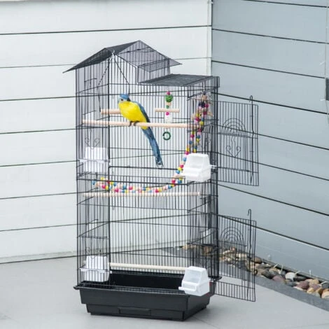 PawHut Cage à Oiseaux Volière Dim. 46L X 36l X 100H Cm - 4 Mangeoires, 3 Perchoirs, Balançoire, 2 Portes, 9 Trappes, échelle, 2 Jouets Suspendus, Plateau Déjection - PP Acier Noir 2 PawHut Cage à Oiseaux Volière Dim. 46L X 36l X 100H Cm - 4 Mangeoires, 3 Perchoirs, Balançoire, 2 Portes, 9 Trappes, échelle, 2 Jouets Suspendus, Plateau Déjection - PP Acier Noir – Image 2