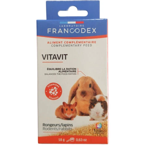 Vitavit Aliment Complémentaires Pour Rongeur Et Lapin Nain, Flacon De 18 G. - Francodex 1 Vitavit Aliment Complémentaires Pour Rongeur Et Lapin Nain, Flacon De 18 G. - Francodex