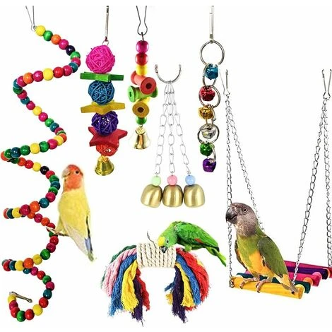 LITZEE Lot De 7 Jouets Pour Perroquet Pour Cage à Oiseaux, Balançoire à Mâcher Perchoirs En Bois Pour Conures, Cacaques, Aras, Perchoirs Et Charmants Oiseaux 1 LITZEE Lot De 7 Jouets Pour Perroquet Pour Cage à Oiseaux, Balançoire à Mâcher Perchoirs En Bois Pour Conures, Cacaques, Aras, Perchoirs Et Charmants Oiseaux