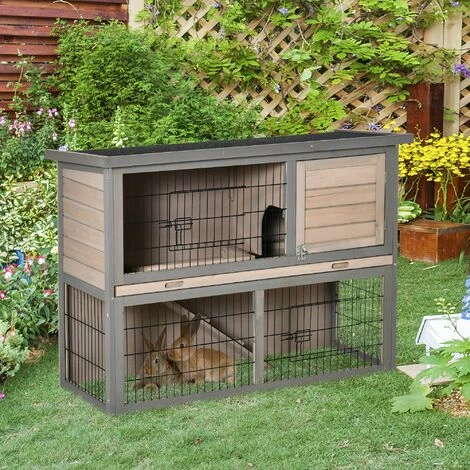 PawHut Clapier à Lapin Cage à Lapin 2 étages 3 Portes Verrouillables Plateau Coulissant Rampe Et Toit Ouvrant Bois De Sapin Gris 2 PawHut Clapier à Lapin Cage à Lapin 2 étages 3 Portes Verrouillables Plateau Coulissant Rampe Et Toit Ouvrant Bois De Sapin Gris – Image 2