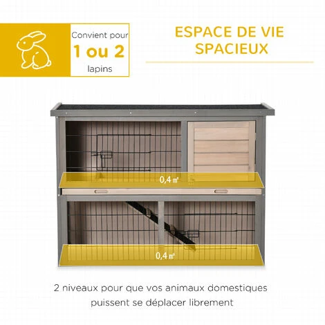 PawHut Clapier à Lapin Cage à Lapin 2 étages 3 Portes Verrouillables Plateau Coulissant Rampe Et Toit Ouvrant Bois De Sapin Gris 4 PawHut Clapier à Lapin Cage à Lapin 2 étages 3 Portes Verrouillables Plateau Coulissant Rampe Et Toit Ouvrant Bois De Sapin Gris – Image 4