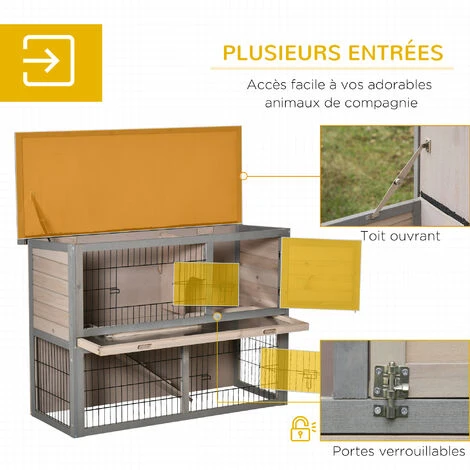 PawHut Clapier à Lapin Cage à Lapin 2 étages 3 Portes Verrouillables Plateau Coulissant Rampe Et Toit Ouvrant Bois De Sapin Gris 5 PawHut Clapier à Lapin Cage à Lapin 2 étages 3 Portes Verrouillables Plateau Coulissant Rampe Et Toit Ouvrant Bois De Sapin Gris – Image 5
