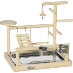 PawHut Aire De Jeu Perchoir Pour Perroquets, Perruches - Passerelle, Grelot, Balançoire, 2 Bols, Plateau Excrément - Acier Inox. Bois De Pin