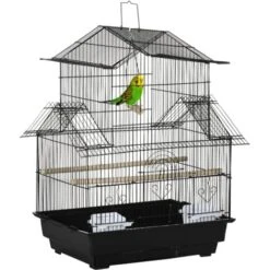 PawHut Cage à Oiseaux Design Maison Perchoirs Mangeoires Balançoire 3 Portes Plateau Excrément Amovible + Poignée Transport Métal Noir
