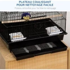 PawHut Cage à Oiseaux Design Maison Perchoirs Mangeoires Balançoire 3 Portes Plateau Excrément Amovible + Poignée Transport Métal Noir -Trixie || Flamingo Soldes Magasin 68959113 5