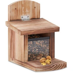 Relaxdays Mangeoire Pour écureuils, Bois Certifié FSC, Toit à Charnière, Ventilation, Distributeur à Accrocher, Nature