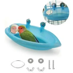Oiseau Bain Bird Bath Douche Nettoyage Baignoire Bol Bassin Avec Miroir Suspendu D'oiseau Animaux Petits Oiseaux Jouet Perroquet Accessoires Perruche Cockatiel Eau Alimentation Plateau (Bleu)