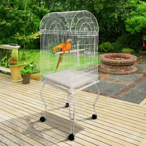 PawHut Grande Volière Cage à Oiseaux Design Avec Mangeoire Perchoir Suspendu Plateau Amovible étagère Et Roulettes 54L X 54l X 153H Cm Blanc 2 PawHut Grande Volière Cage à Oiseaux Design Avec Mangeoire Perchoir Suspendu Plateau Amovible étagère Et Roulettes 54L X 54l X 153H Cm Blanc – Image 2