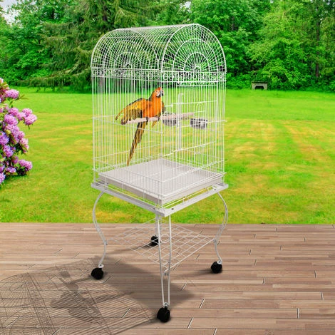 PawHut Grande Volière Cage à Oiseaux Design Avec Mangeoire Perchoir Suspendu Plateau Amovible étagère Et Roulettes 54L X 54l X 153H Cm Blanc 4 PawHut Grande Volière Cage à Oiseaux Design Avec Mangeoire Perchoir Suspendu Plateau Amovible étagère Et Roulettes 54L X 54l X 153H Cm Blanc – Image 4