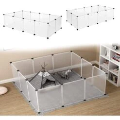 AUFUN Enclos Grillagé Pour Lapins En Métal Avec Porte, Enclos Pour Petits Animaux Intérieur Et Extérieur, Blanc, 145x75x48 Cm