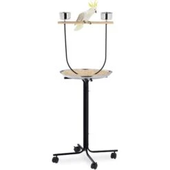 Perchoir Perroquet, XL, Barre, 2 Mangeoires, Bac Récupérateur, à Roulettes, Métal, Accessoire Oiseaux, Noir