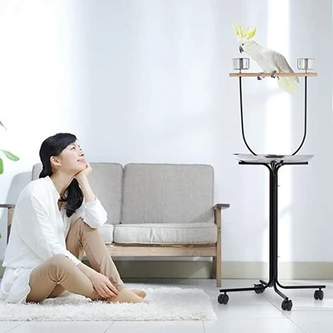 Perchoir Perroquet, XL, Barre, 2 Mangeoires, Bac Récupérateur, à Roulettes, Métal, Accessoire Oiseaux, Noir 2 Perchoir Perroquet, XL, Barre, 2 Mangeoires, Bac Récupérateur, à Roulettes, Métal, Accessoire Oiseaux, Noir – Image 2