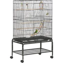 PawHut Cage à Oiseaux Sur Roulettes - étagère, Plateau Déjection, 3 Perchoirs, 4 Mangeoirs, 2 Portes, 8 Trappes, Accessoires - Acier Noir