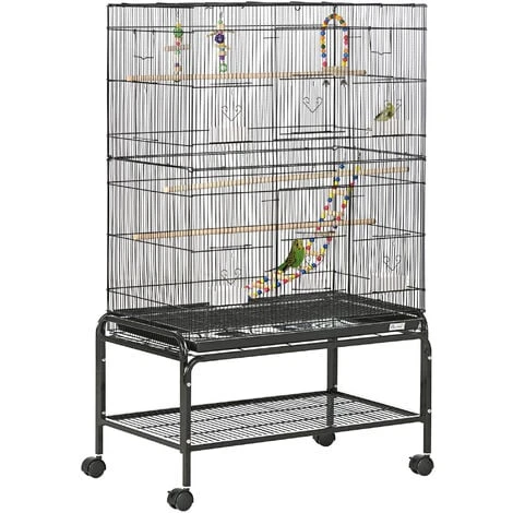 PawHut Cage à Oiseaux Sur Roulettes - étagère, Plateau Déjection, 3 Perchoirs, 4 Mangeoirs, 2 Portes, 8 Trappes, Accessoires - Acier Noir 1 PawHut Cage à Oiseaux Sur Roulettes - étagère, Plateau Déjection, 3 Perchoirs, 4 Mangeoirs, 2 Portes, 8 Trappes, Accessoires - Acier Noir