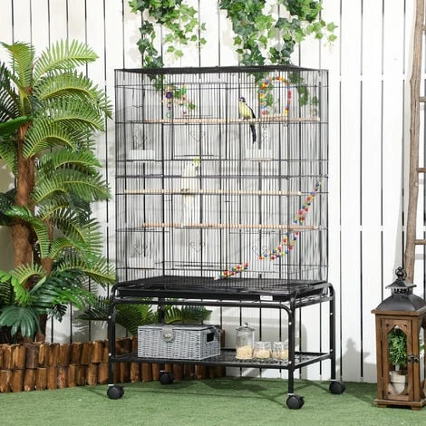 PawHut Cage à Oiseaux Sur Roulettes - étagère, Plateau Déjection, 3 Perchoirs, 4 Mangeoirs, 2 Portes, 8 Trappes, Accessoires - Acier Noir 2 PawHut Cage à Oiseaux Sur Roulettes - étagère, Plateau Déjection, 3 Perchoirs, 4 Mangeoirs, 2 Portes, 8 Trappes, Accessoires - Acier Noir – Image 2