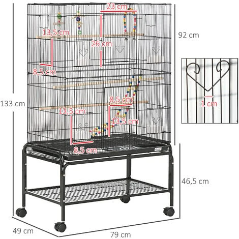PawHut Cage à Oiseaux Sur Roulettes - étagère, Plateau Déjection, 3 Perchoirs, 4 Mangeoirs, 2 Portes, 8 Trappes, Accessoires - Acier Noir 3 PawHut Cage à Oiseaux Sur Roulettes - étagère, Plateau Déjection, 3 Perchoirs, 4 Mangeoirs, 2 Portes, 8 Trappes, Accessoires - Acier Noir – Image 3