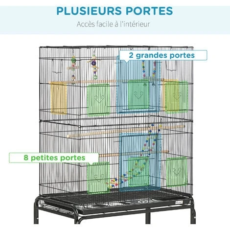 PawHut Cage à Oiseaux Sur Roulettes - étagère, Plateau Déjection, 3 Perchoirs, 4 Mangeoirs, 2 Portes, 8 Trappes, Accessoires - Acier Noir 4 PawHut Cage à Oiseaux Sur Roulettes - étagère, Plateau Déjection, 3 Perchoirs, 4 Mangeoirs, 2 Portes, 8 Trappes, Accessoires - Acier Noir – Image 4