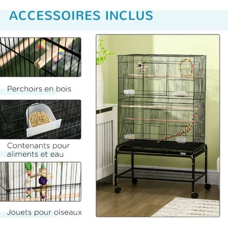 PawHut Cage à Oiseaux Sur Roulettes - étagère, Plateau Déjection, 3 Perchoirs, 4 Mangeoirs, 2 Portes, 8 Trappes, Accessoires - Acier Noir 5 PawHut Cage à Oiseaux Sur Roulettes - étagère, Plateau Déjection, 3 Perchoirs, 4 Mangeoirs, 2 Portes, 8 Trappes, Accessoires - Acier Noir – Image 5