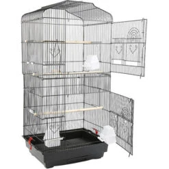 Cage Oiseaux Volière Oiseaux Avec Poignée Portable, Avec Feeder Drinker Et 3 Jouets Poignée, Perchoirs Cage Pour Perruche Calopsitte Conure Pinson Canaris, Noir 46x36x92cm